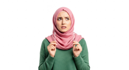 Intense Worry Expression: Capturing the raw emotion of concern and anxiety, a woman with a hijab portrays a moment of profound worry, her facial expression reflecting deep introspection and unease. 