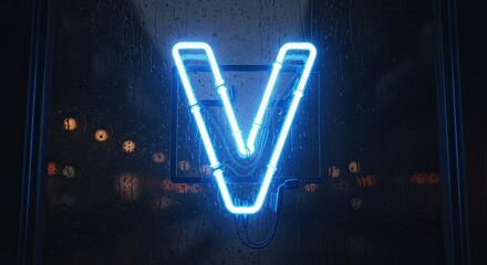 A neon blue V-shaped sign on a wet glass window with raindrops.