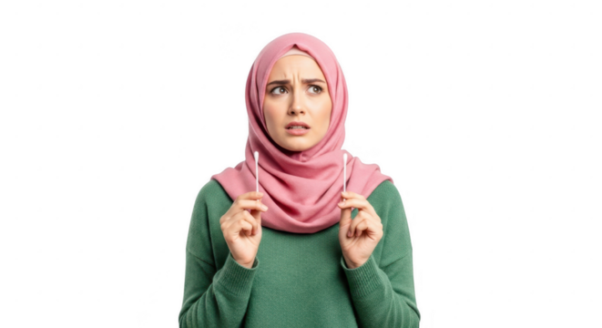Intense Worry Expression: Capturing the raw emotion of concern and anxiety, a woman with a hijab portrays a moment of profound worry, her facial expression reflecting deep introspection and unease.