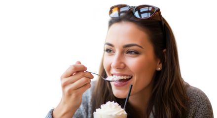 Indulgent Delights: A woman with sunglasses atop her head, savoring a delightful treat in a cafe. Captured with a look of enjoyment, this image conveys moments of pure pleasure and relaxation.