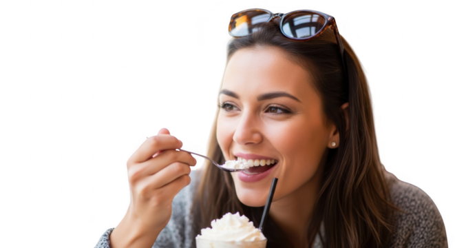 Indulgent Delights: A woman with sunglasses atop her head, savoring a delightful treat in a cafe. Captured with a look of enjoyment, this image conveys moments of pure pleasure and relaxation.