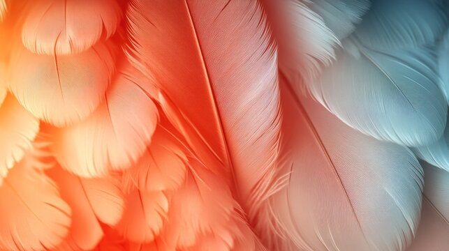 Close-up of vibrant, textured bird feathers in shades of orange, pink, and blue-gray - Powered by Adobe