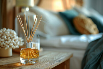 Elegant aroma diffuser with wooden reeds placed on a rustic wooden bedside table, surrounded by soft textiles and cozy decor elements in a serene bedroom setting