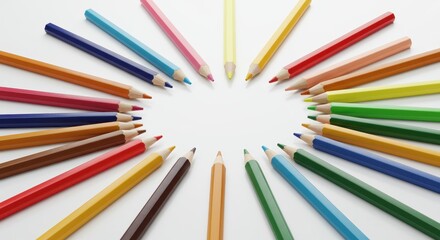 Colorful Wooden Pencils Arranged in Circular Pattern on White Background for Creative Projects