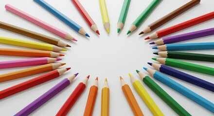 Colorful Arrangement of Wooden Colored Pencils on White Background in Circular Pattern