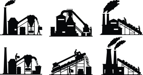 Industrial factory silhouettes, workers with machinery, conveyor systems, smokestacks, manufacturing process, black icons, material handling, production scenes, vector illustration, automation