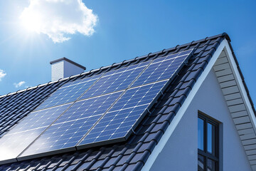 Fototapeta premium Solar panels installed on a modern house roof, showcasing renewable energy technology under a bright blue sky with fluffy clouds, emphasizing sustainability and eco-friendly living