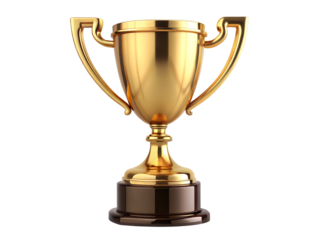 Golden trophy cup with handles on a dark base isolated on transparent background