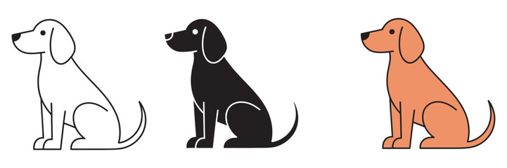 Collection of dog icons in a sitting profile pose. This vector set includes outline, silhouette, and simple colored styles of a canine pet for graphic design