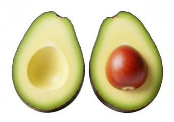 Fresh green avocado halves with seed isolated on a transparent background