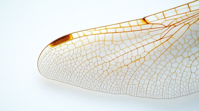 A macro photo of a dragonfly's wing structure isolated on a white background