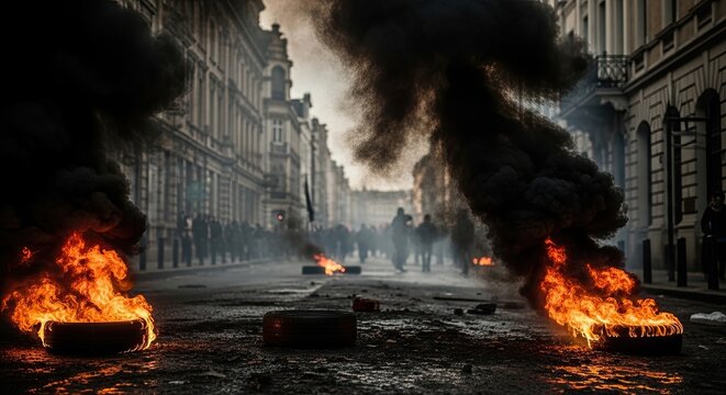 Urban unrest fiery street scene chaos and rebellion in city streets