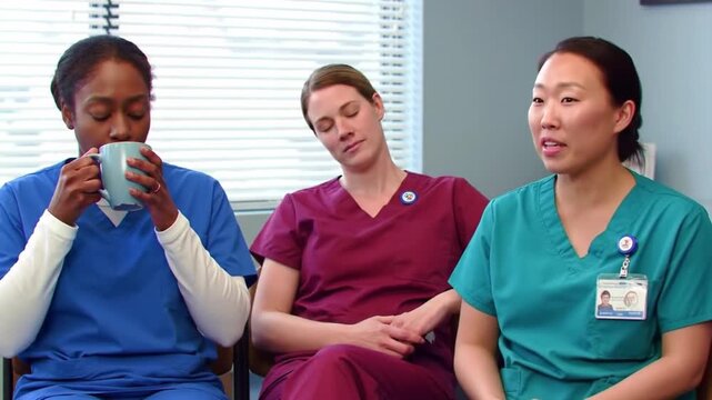 Exhausted but relieved nurses relaxing during a break in the staff room