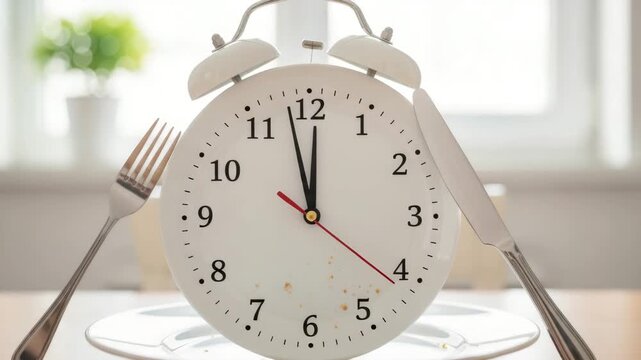 Time for breakfast concept featuring clock on plate with fork and knife