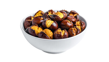Fototapeta premium Roasted chestnuts in white bowl on transparent background
