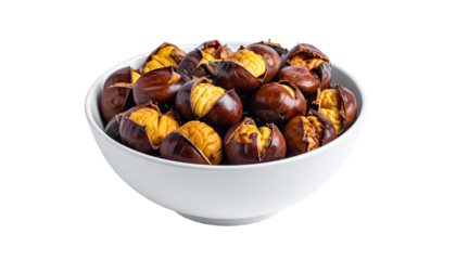Roasted chestnuts in white bowl on transparent background