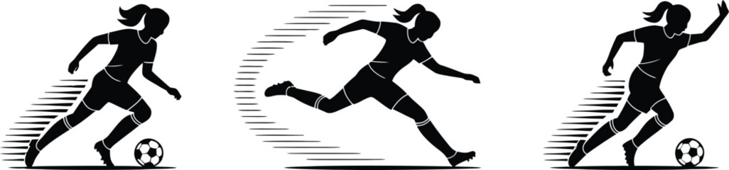 Action Soccer Player Vector Icons. Female Athlete Silhouette