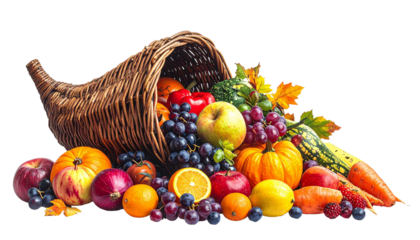 Cornucopia horn overflowing with autumn harvest fruits and vegetables