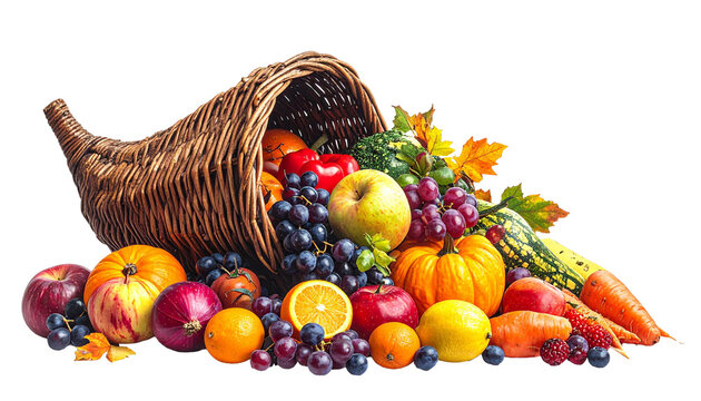 Cornucopia horn overflowing with autumn harvest fruits and vegetables