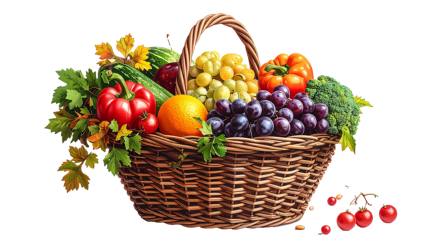 Wicker basket holding fresh harvest fruits and vegetables