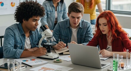 Students Engaged in Scientific Research and Collaboration with Microscope and Laptop in Classroom