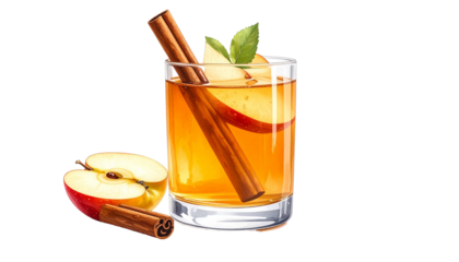Apple cider drink with cinnamon stick and fresh autumn fruit