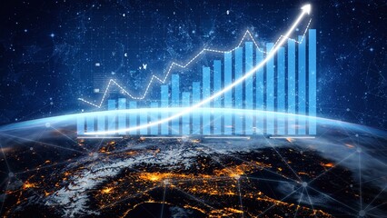 A captivating visual representation of growth and progress in business and technology, featuring dynamic graphs and a view of Earth at night, symbolizing global connectivity. Copula