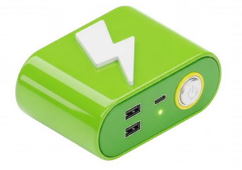 Green portable charger with lightning bolt isolated on a transparent background