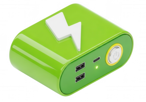 Green portable charger with lightning bolt isolated on a transparent background - Powered by Adobe