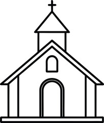 Black outline small chapel building with cross on white background church icon