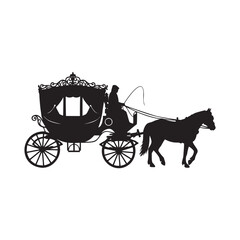 Elegant horse-drawn carriage evoking classic fairytale charm, ideal for romantic invitations or vintage-themed designs. Black silhouette with detailed coach