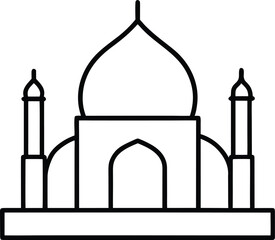 Flat style Taj Mahal monument icon with minarets and dome on white India architecture