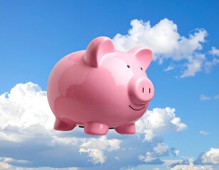Pink piggy bank floats in sky