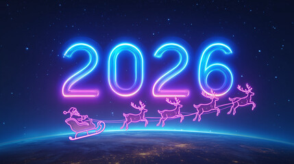 a neon sign with the numbers "2026" glowing in vibrant blue and purple, floating above an illustration of Santa Claus riding