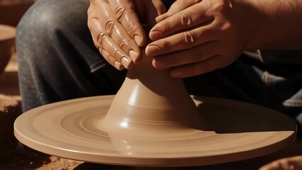 Pottery making demonstration showing skilled hands shaping clay on a wheel at a sunny workshop