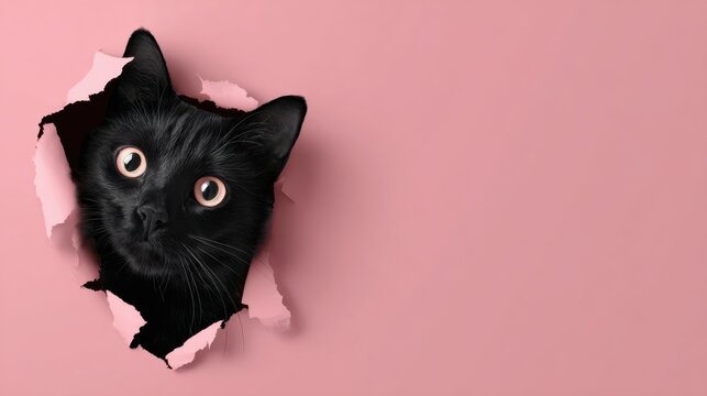 black cat peeking through pink paper