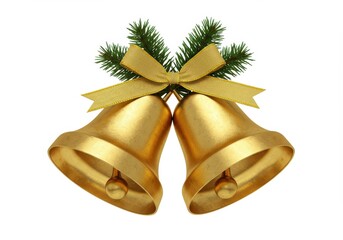 Golden Christmas Bells with Green Pine Branch and Yellow Ribbon for Holiday Celebrations