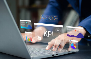 Businessman analyzing KPI dashboard and data analytics using AI technology, showing charts, graphs, and performance indicators for digital strategy, business intelligence, and data visualization.