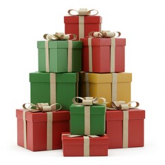Obraz premium Colorful Gift Boxes Stacked for Holiday Celebration with Ribbons and Bows on White Background