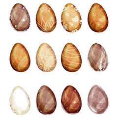 Set of individual shiny gold and brown Easter eggs with unique patterns like stars, hearts, and lines on transparent background, suitable for clipart or designs.