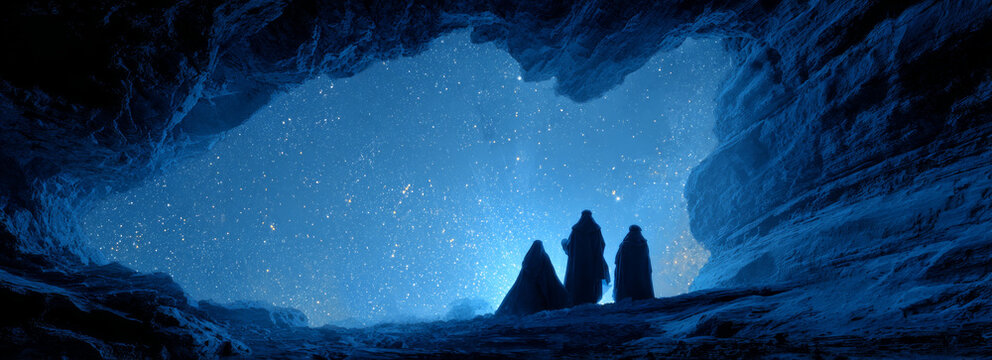 Hopeful silhouette of three wise men in cave on Christmas night - Powered by Adobe