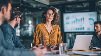 female manager presenting financial data to the team during a meeting in a modern office
