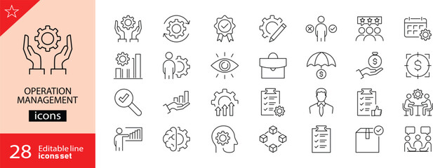 Operation management icons set. Includes symbols of workflow, production, logistics, optimization, supply chain, planning, and business strategy. Editable stroke. Vector illustration. Outline icons. 
