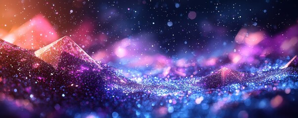 Abstract colorful glowing triangular shapes amidst glittering particles and soft light