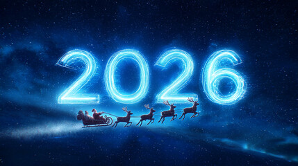 a neon sign with the numbers "2026" glowing in vibrant blue and purple, floating above an illustration of Santa Claus riding