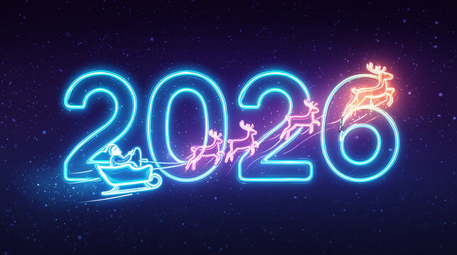 a neon sign with the numbers "2026" glowing in vibrant blue and purple, floating above an illustration of Santa Claus riding