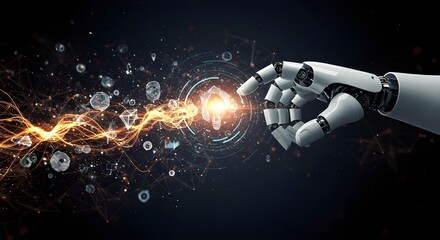 A robotic hand touches a lit lamp, symbolizing ideas and artificial intelligence. The concepts of generative AI, digital creativity, and future technological innovation are linked to the power of data