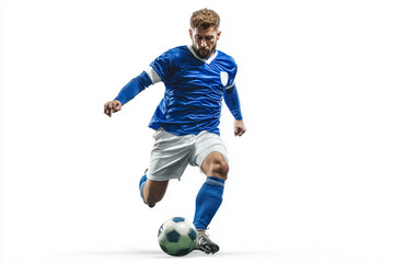 young soccer player wearing blue shoes and white shorts, standing on top of the ball with his foot