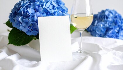 Hydrangea with White Wine  Blank Card on White Cloth Background.