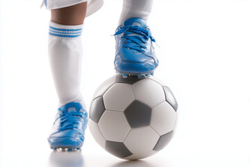 young soccer player wearing blue shoes and white shorts, standing on top of the ball with his foot